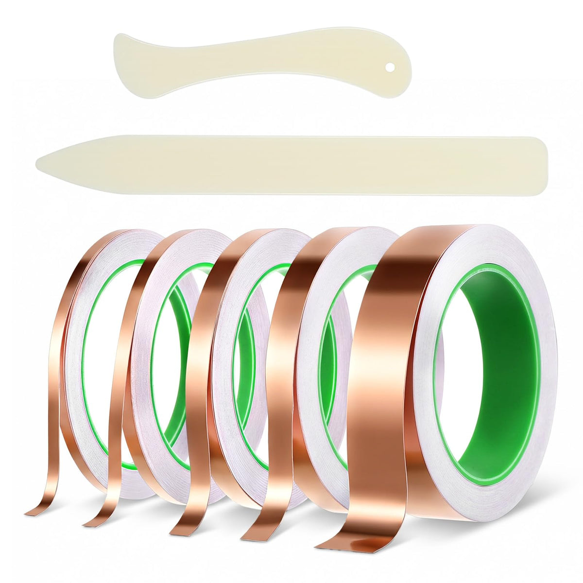 5 Pack Copper Foil Tape with Conductive Adhesive, 5 Size 1.97mil x 0.2/0.25/0.4/0.5/1Inch x 66ft Double Sided Copper Tape for Electrical Repairs, Guitar, Stained Glass, Grounding, Crafts