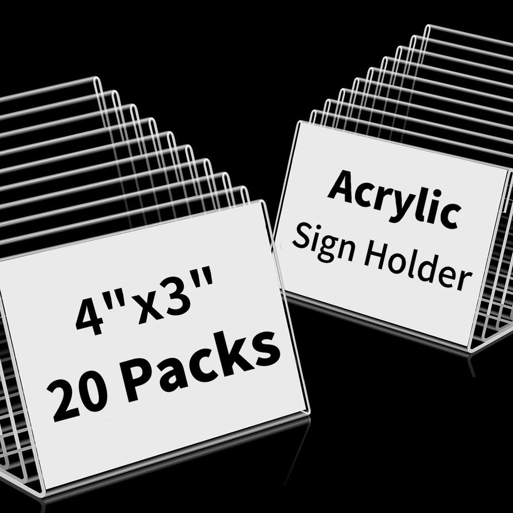 20 PCS Small Acrylic Sign Holder 4x3 inch, Small Acrylic Food Sign Labels for Party Buffet, Retail Price Display Holder, Clear Plastic Table Counter Top Stand for Name Card, Bakery, Wedding, Event Decor 20PCS 4" X 3"(10.1X7.6)