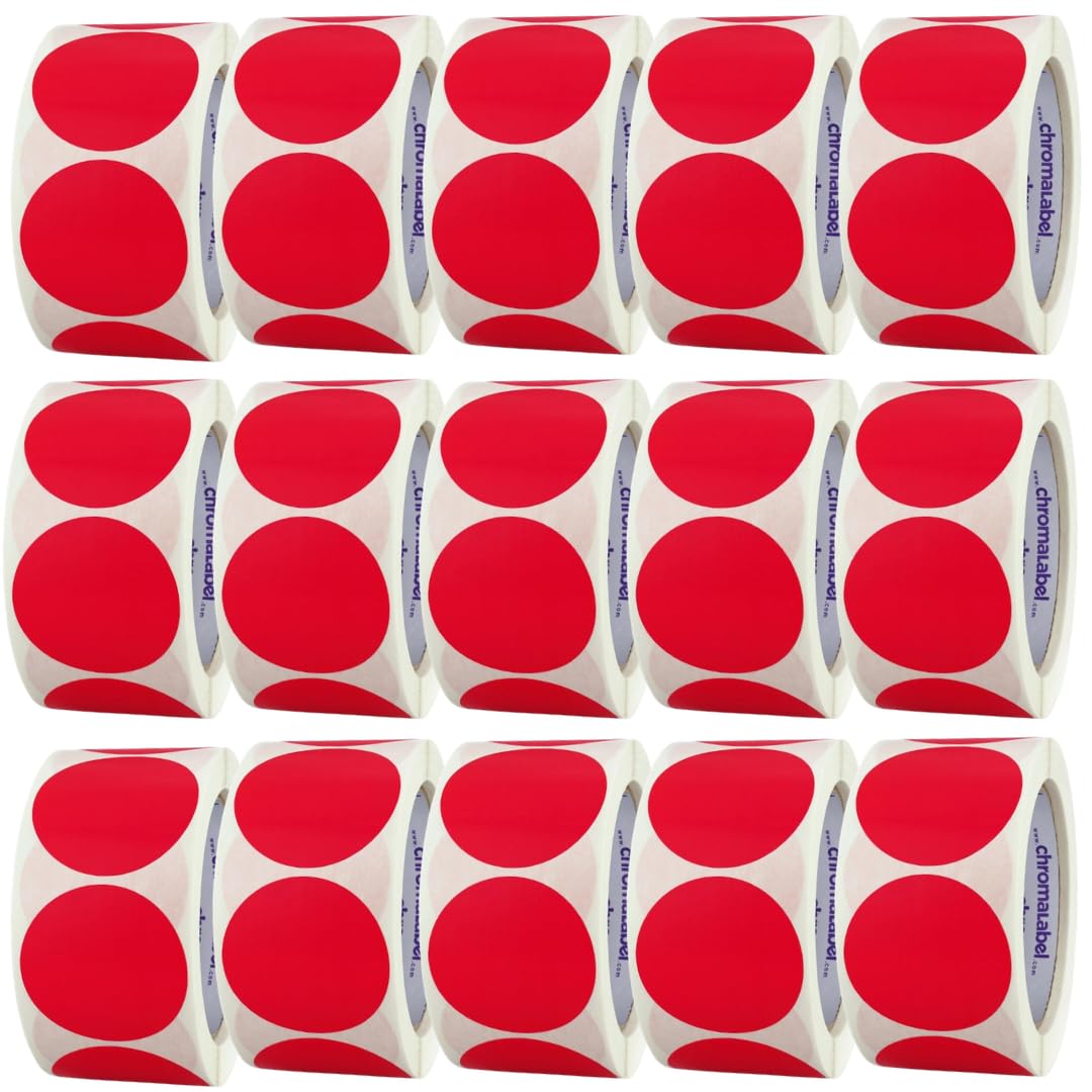 ChromaLabel 2-inch round colored stickers in red, permanent sticky dots for color coding, 15 rolls with 500 labels each