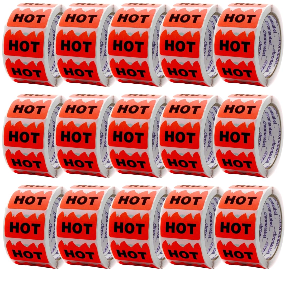 ChromaLabel fluorescent red-orange flame-shaped all-purpose stickers, 1.25-inch, hot imprinted, 500 labels per roll, case of 15