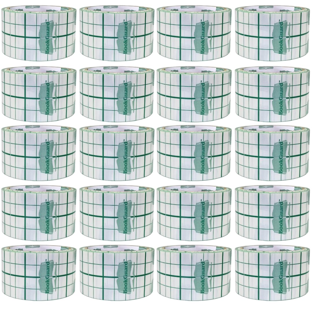 BookGuard 2-inch clear vinyl binding tape for book repair, 30-foot roll, shown in a case of 20 rolls for archival bookbinding.