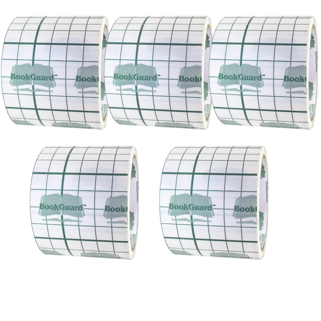 BookGuard 3-inch clear vinyl archival bookbinding tape for repairing books, shown on a roll in a case of five.