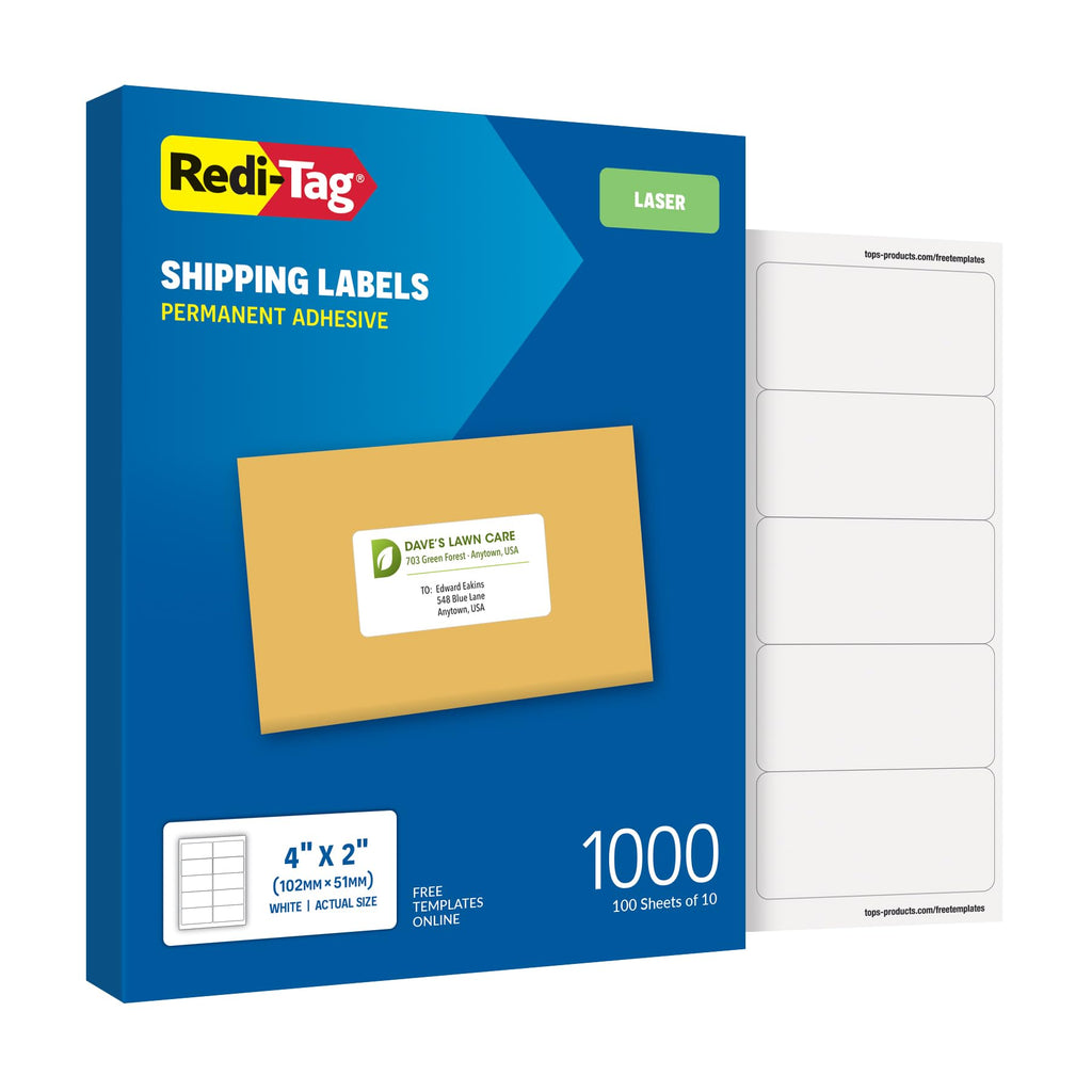 Redi-Tag 2" x 4" Shipping Labels, 1000 per Pack, White, Laser Printer Labels, Self-Adhesive, Permanent Stick, Smudge-Resistant, Perfect for Shipping, Mailing, and Warehouse Use Laser Labels 2" x 4" 1000 labels