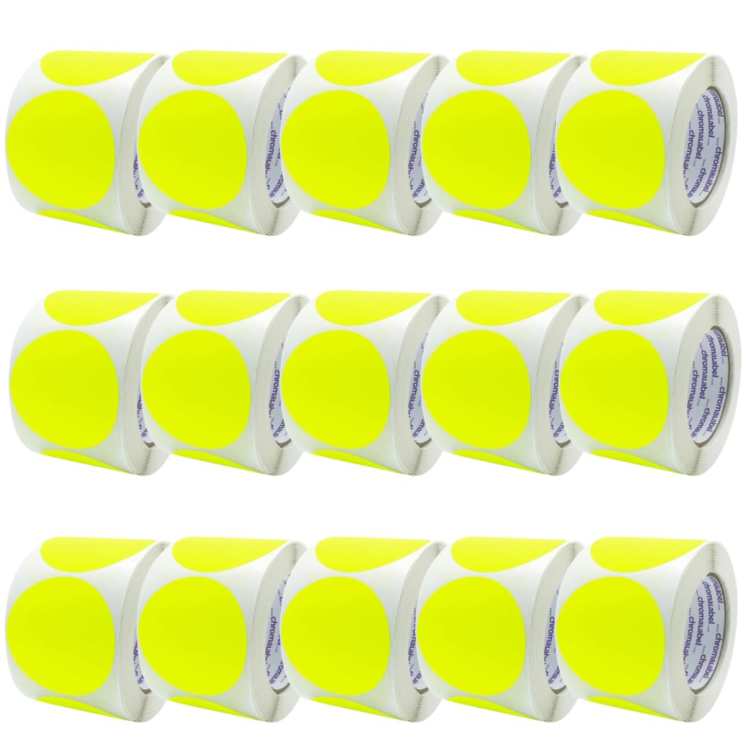 ChromaLabel 3-inch fluorescent yellow round sticker labels, high visibility color-coding dots, removable sticky dots, 15 cases of 500.
