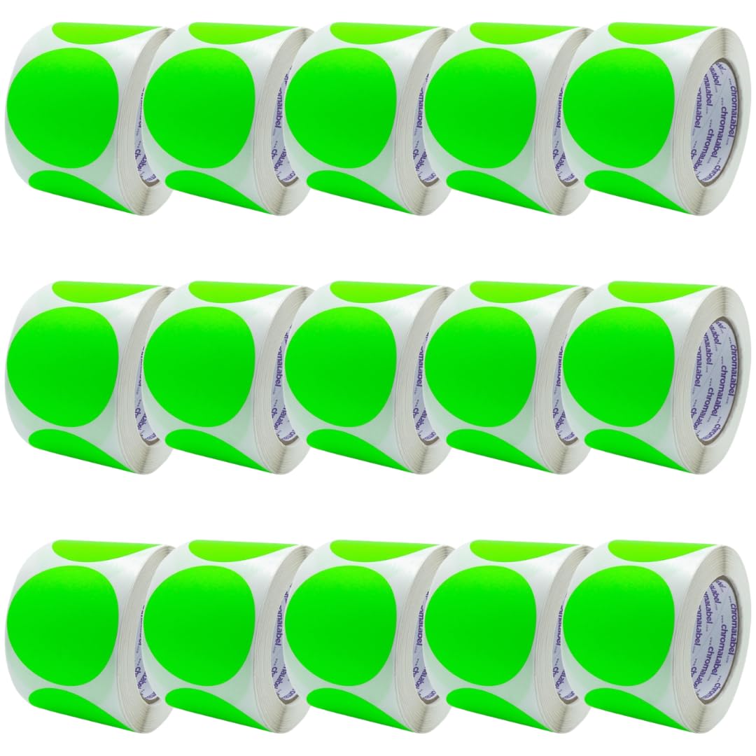 ChromaLabel 3-inch fluorescent green round sticker labels, matte finish, removable color-coding labels, 500 per roll, case of 15.