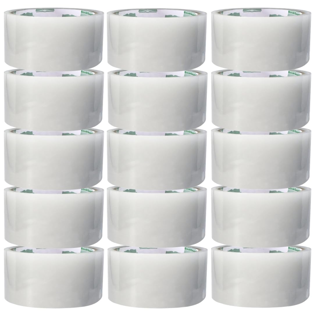 BookGuard 2-inch clear stretchable book repair tape on a roll, used for binding and restoring damaged books.
