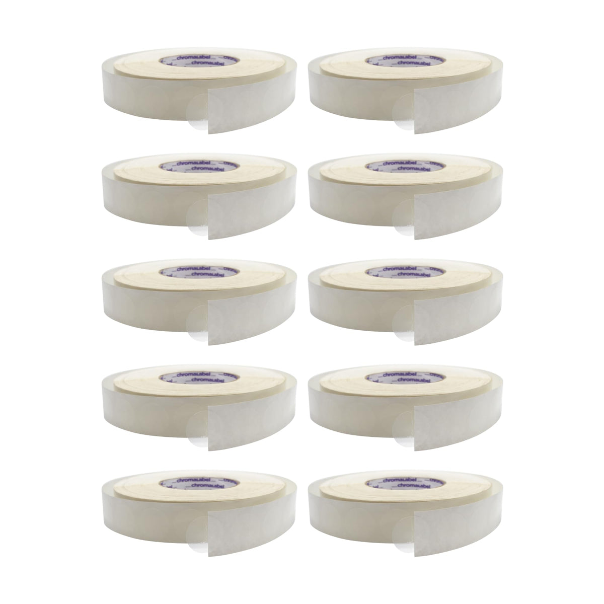ChromaLabel 1-inch round clear envelope seal stickers on a roll, perfect for sealing envelopes and library supplies, case of 10 rolls