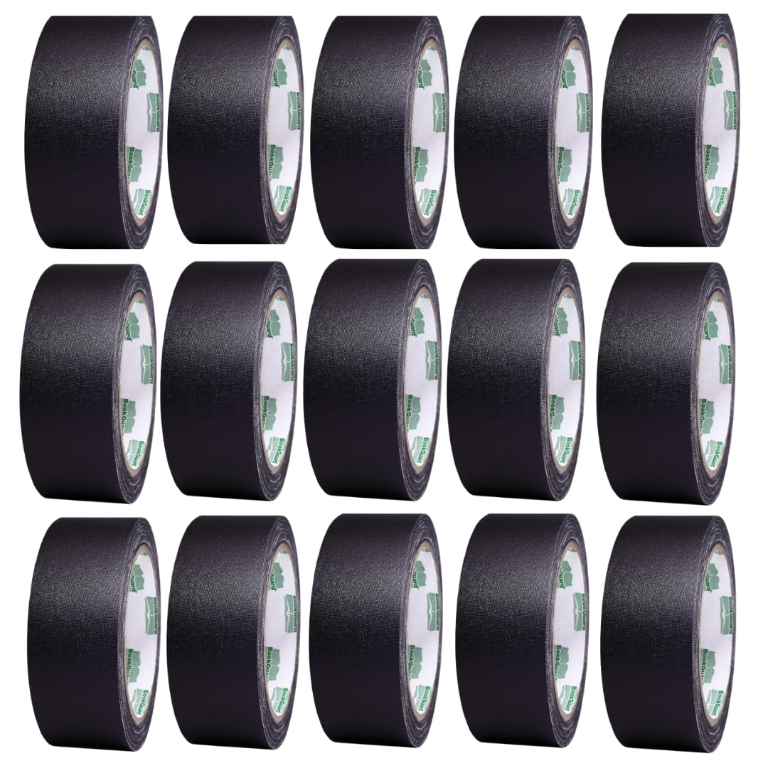 Black BookGuard binding tape, 1.5-inch wide vinyl-coated cotton cloth for book repair, 15-yard length, case of 15 rolls.