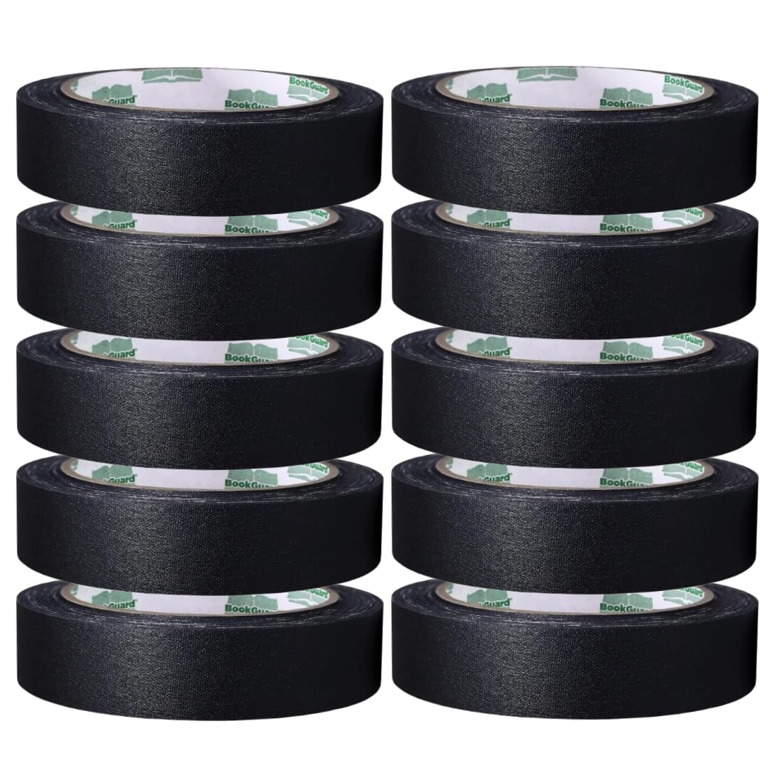Black BookGuard 1-inch binding repair tape on a roll, ideal for bookbinding repairs, shown in a case of 10 rolls.