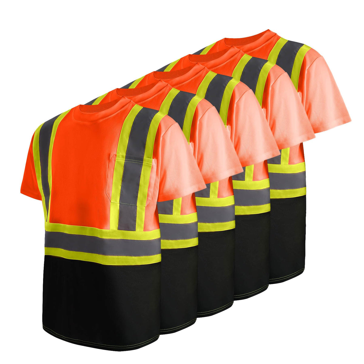 LeeHanTon Men's Short Sleeve Safety Shirts with Reflective Strips High Visibility Neon Shirts Security Work Shirts 5 Pack-orange X-Large