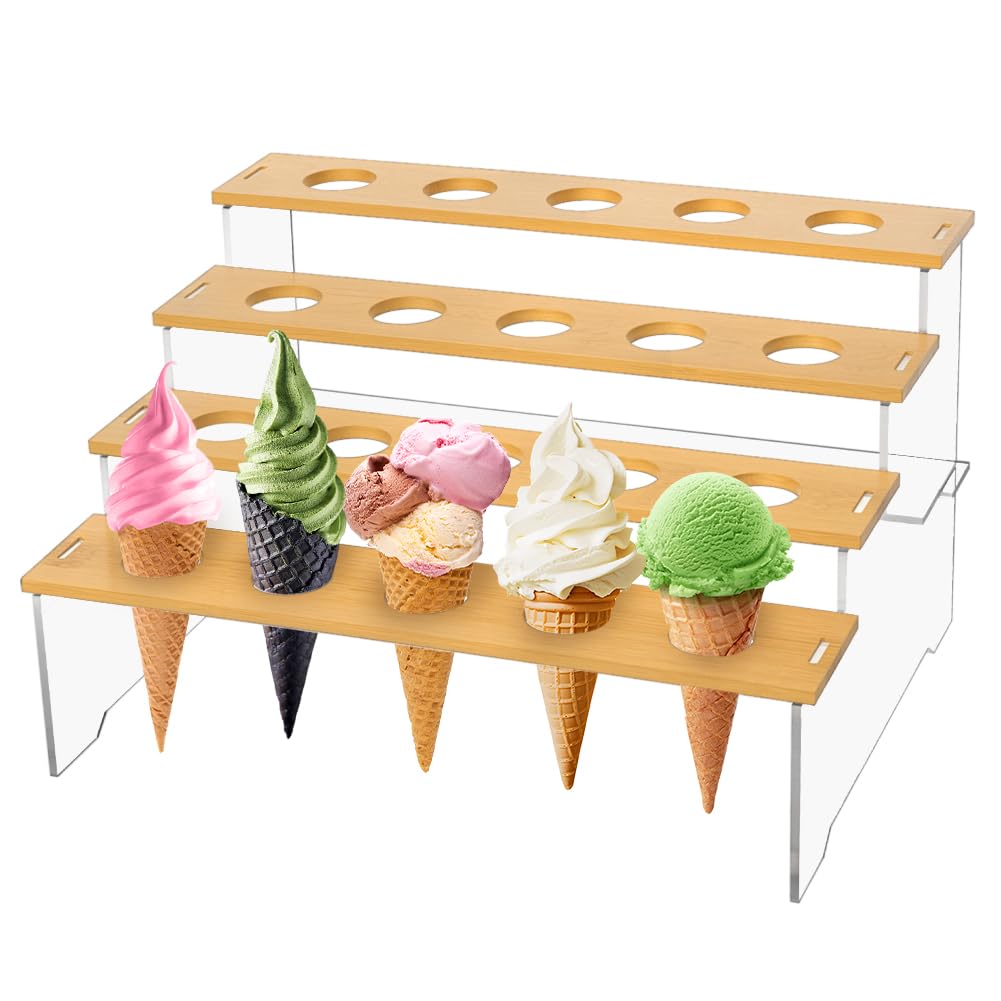 UNICRAFTALE 4-Layer 20-Hole Acrylic Ice Cream Stand Wooden Dessert Rack Waffle Cone Displaying Stand for Ice Cream Sweets and Party Food Display 12.99x9.92x7.76Inch