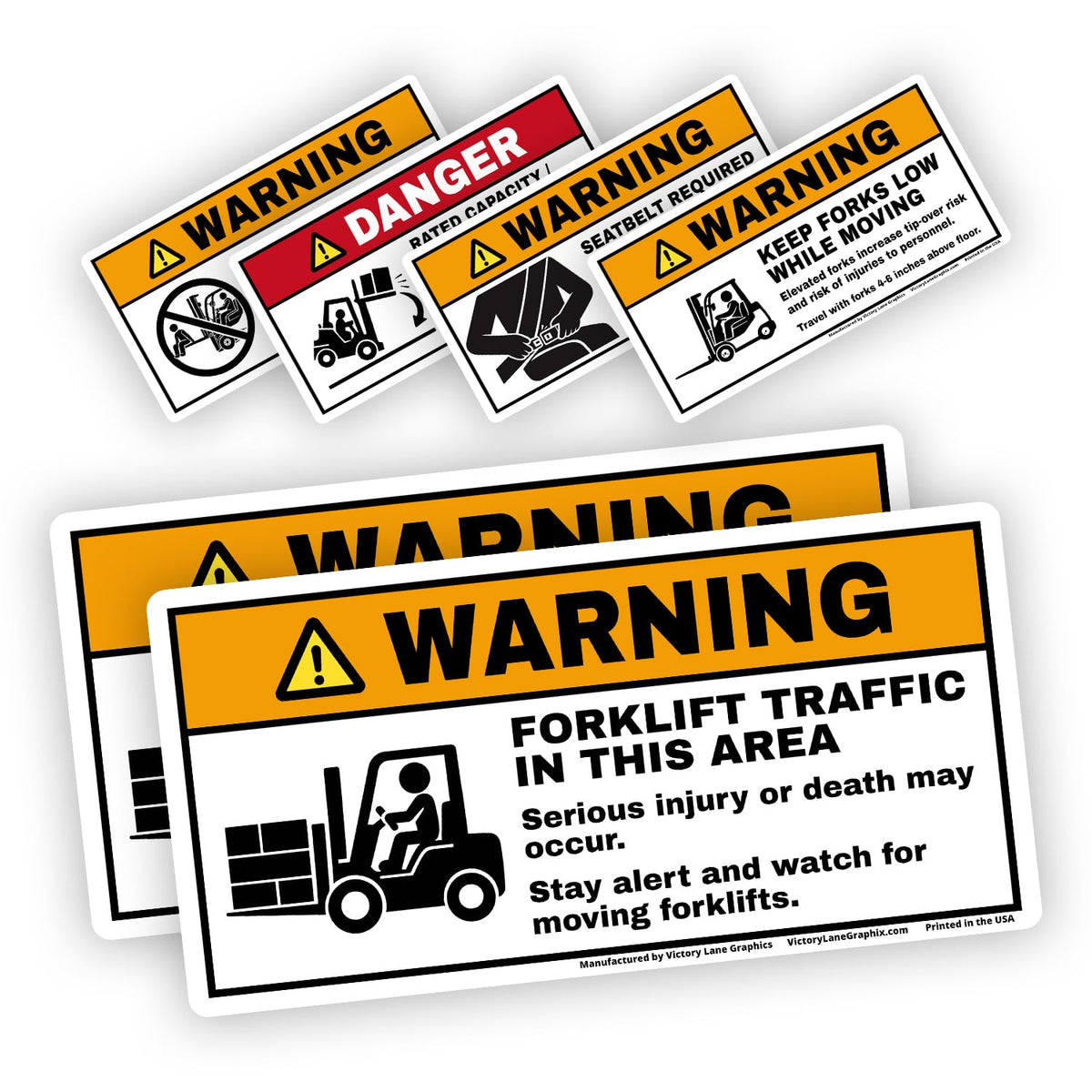 Forklift Safety Labels Kit – 6 Piece Set | Warning Forklift Traffic Stickers (5"x10") + Forklift Safety Decals (2.5"x5") | Heavy Duty Industrial Vinyl Safety Labels for Warehouse & OSHA Compliance