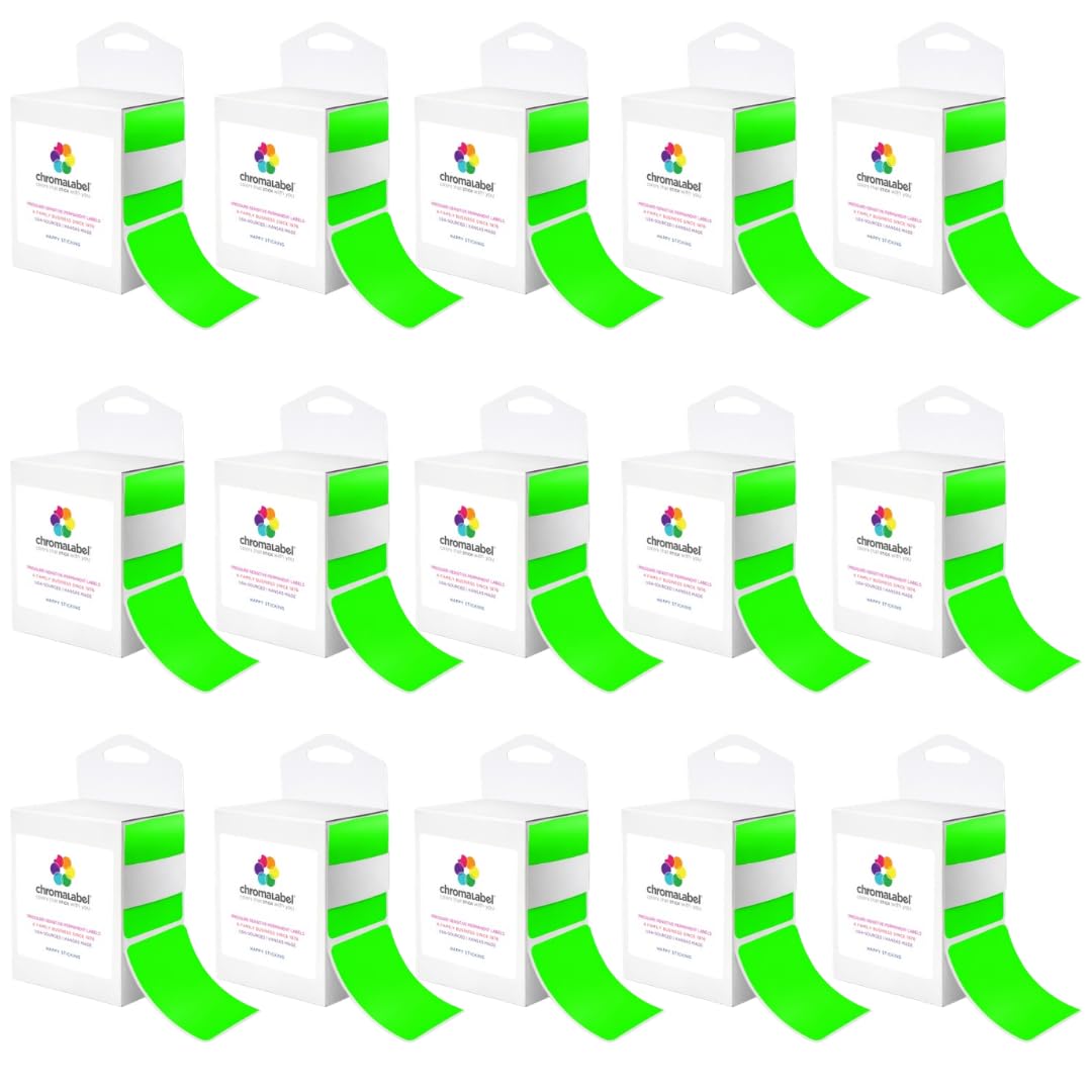 ChromaLabel fluorescent green 2x3 inch rectangle color-coding labels with adhesive, 250 per box, in a case of 15 for organizational use.