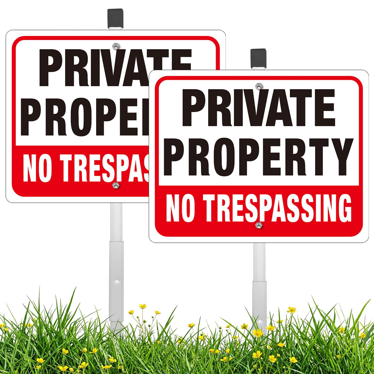 MUXYH 2 Pack Private Property No Trespassing Signs with Metal Stakes, 11'' X 8.6'' Sturdy Rust Free Aluminum, No Trespassing Sign Protect Your Home, Safety and Privacy, Fade Resistant, Weatherproof 2 Pack - 11'' X 8.6''