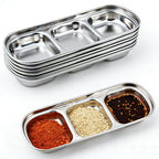 6 Pcs Stainless Steel 3-Compartment Condiment Tray – Korean Style Soy Sauce Dish for BBQ, Banchan, Spices, Salt, Sugar – Stackable Divided Server for Home & Restaurant Use