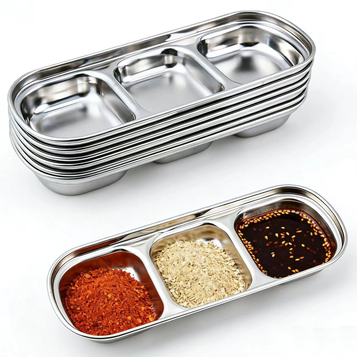 6 Pcs Stainless Steel 3-Compartment Condiment Tray – Korean Style Soy Sauce Dish for BBQ, Banchan, Spices, Salt, Sugar – Stackable Divided Server for Home & Restaurant Use