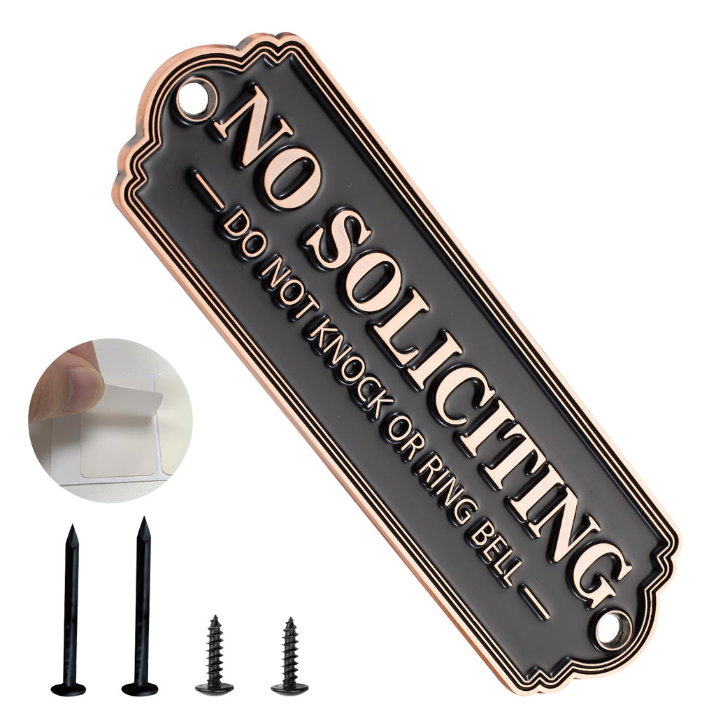 Brass No Soliciting Sign, No Soliciting Sign for House - Solid Brass Wall Plaque Handmade Traditional Home Decor, Elegant No Soliciting Do Not Knock or Ring Bell Sign for Office and Business (Brass No Soliciting Sign, 7 x 2.35 inches)