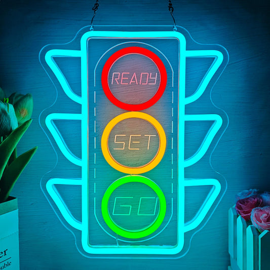 Traffic Light Neon Sign Dimmable Stop Light Neon Wall Decor Race Car Party Decorations Red Yellow Green Stoplight Led Racing Wall Art for Garage 12.5 * 9.7 Inch TrafficSignals