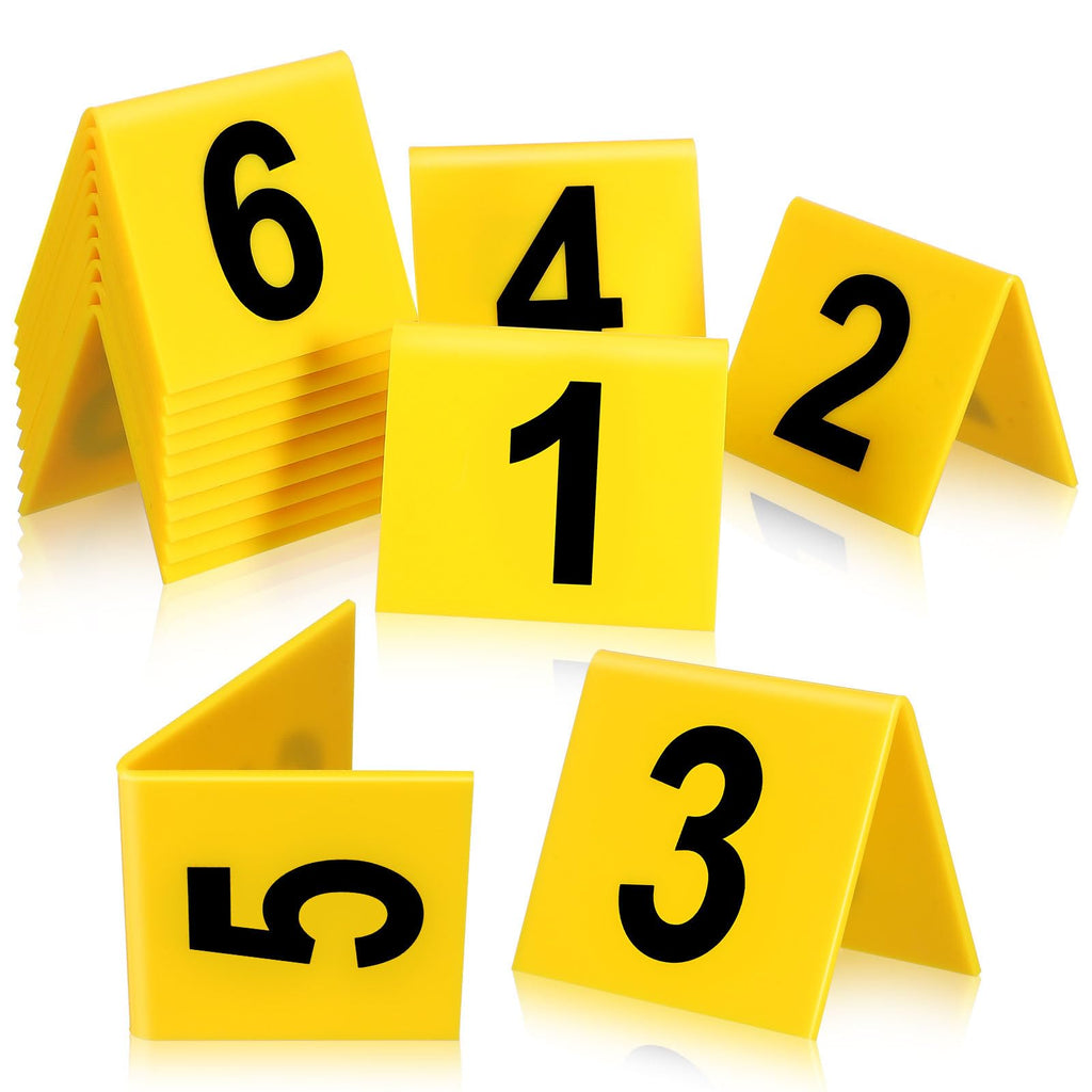 SEWACC 15 Pcs Acrylic Table Number Cards, Sturdy Plastic Yellow Restaurant Place Cards with Black Numbers 1-15, High Visibility Table Tents for Cafes And Banquets, Seating Markers