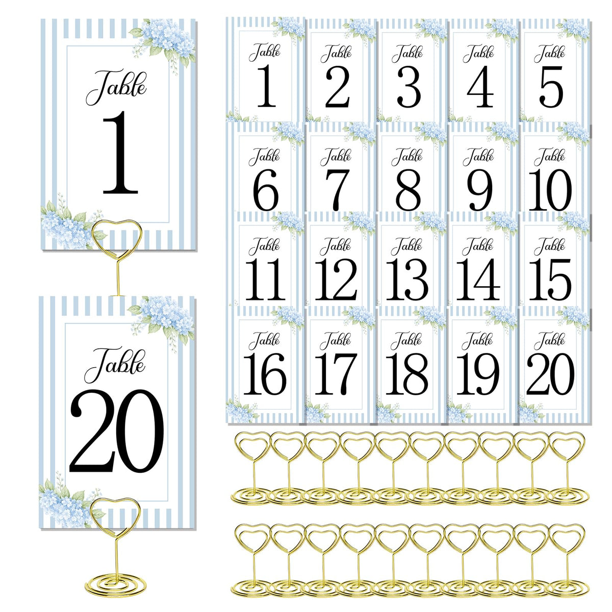 Floral Wedding Table Numbers 1-20 with 20PCS Gold Table Card Holders Something Blue Before I Do Bridal Shower Decorations Blue Hydrangea Tables Number Cards for Wedding Bridal Shower Reception