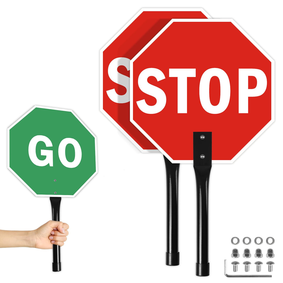 2 Pack Stop Go Sign with Metal Handle,12 x 12 inches Double Sided Stop Go Sign, Light Weight Steel Hand Held Traffic Reflective Aluminum Crossing Guard Stop Sign, Fade Resistant, Waterproof Easy to Mount 2 Pack Double Sided Stop Go Sign with Steel Handle