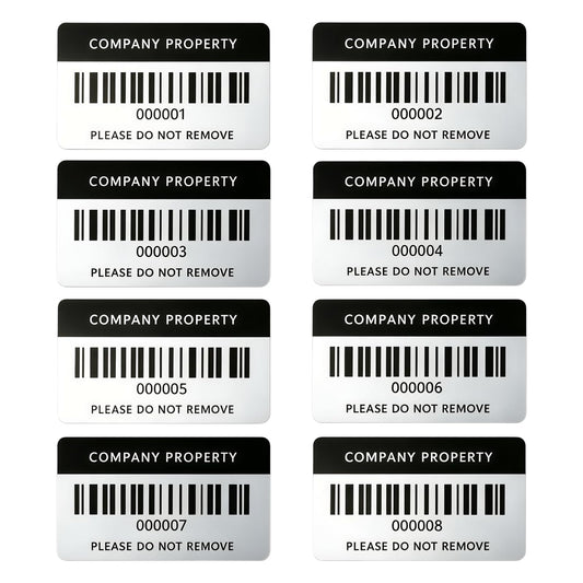 Asset Tags, 2x1 Barcode Labels, 1-100 Sequenced Labels for Equipment, Metalized Silver Polyester Build, Permanent, Adhesive. Reliable Tags for Equipment, Warehouse and Asset Tracking