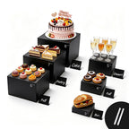 6PCS Buffet Risers,Food Display Stands with Mini Sign and Marker,for Buffet Table,Black Acrylic Cube Boxes Nesting Risers,Hollow Bottoms,for Cake Catering Dessert Party(8",7",6",5",4",3") Black with Sign