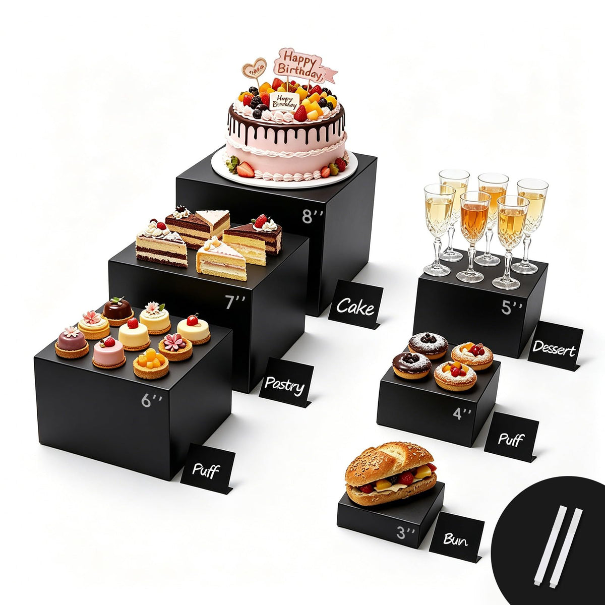 6PCS Buffet Risers,Food Display Stands with Mini Sign and Marker,for Buffet Table,Black Acrylic Cube Boxes Nesting Risers,Hollow Bottoms,for Cake Catering Dessert Party(8",7",6",5",4",3") Black with Sign