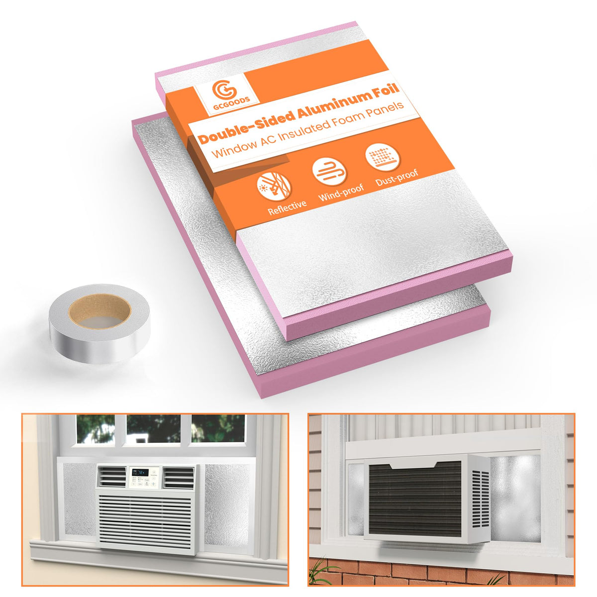 GCGOODS Window Air Conditioner Insulated Foam Panels with Double-Sided Aluminum Foil, Indoor & Outdoor Surround Insulation Side Panel with Top Seal Tape for Window AC Unit, Reflected Light & Heat