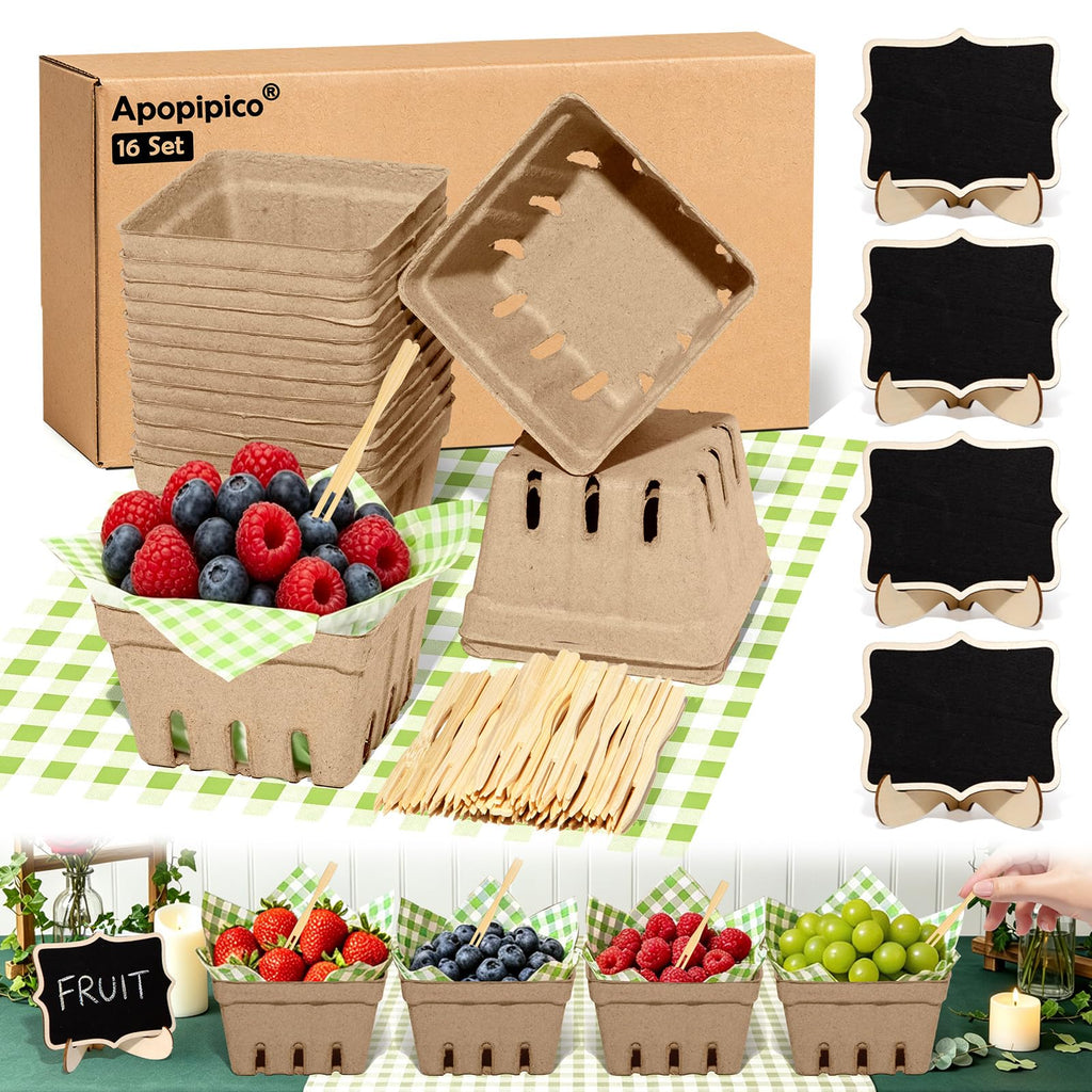 16 Set Farmers Market Decorations Natural Pulp Fiber Berry Baskets Kit with Deli Paper Sheets Bamboo Forks Mini Chalkboard Signs for Farm Stand Strawberry Blueberry Fruit Vegetable Grocery & Party Natural Green 16