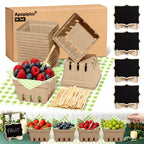 16 Set Farmers Market Decorations Natural Pulp Fiber Berry Baskets Kit with Deli Paper Sheets Bamboo Forks Mini Chalkboard Signs for Farm Stand Strawberry Blueberry Fruit Vegetable Grocery & Party Natural Green 16