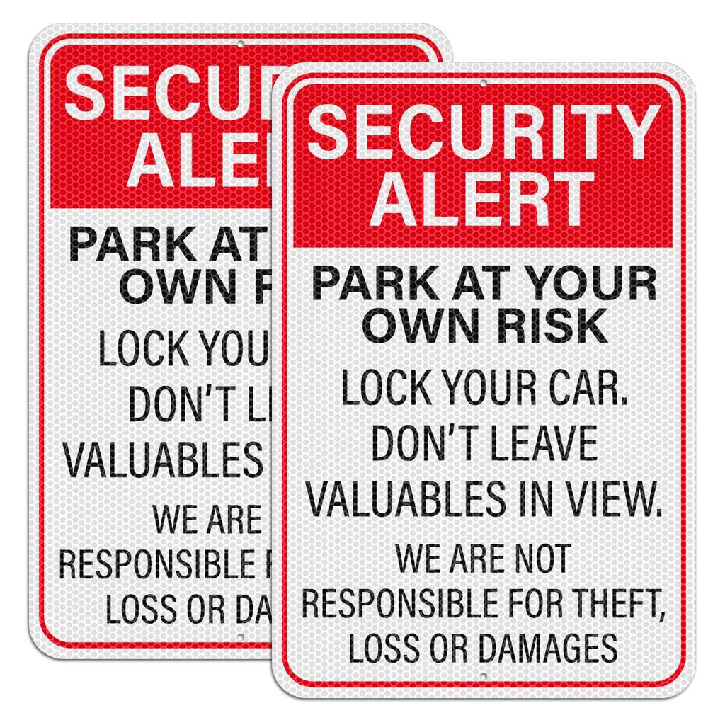 2 PCS Security Alert Park At Your Own Risk Sign 12" × 18" Aluminum