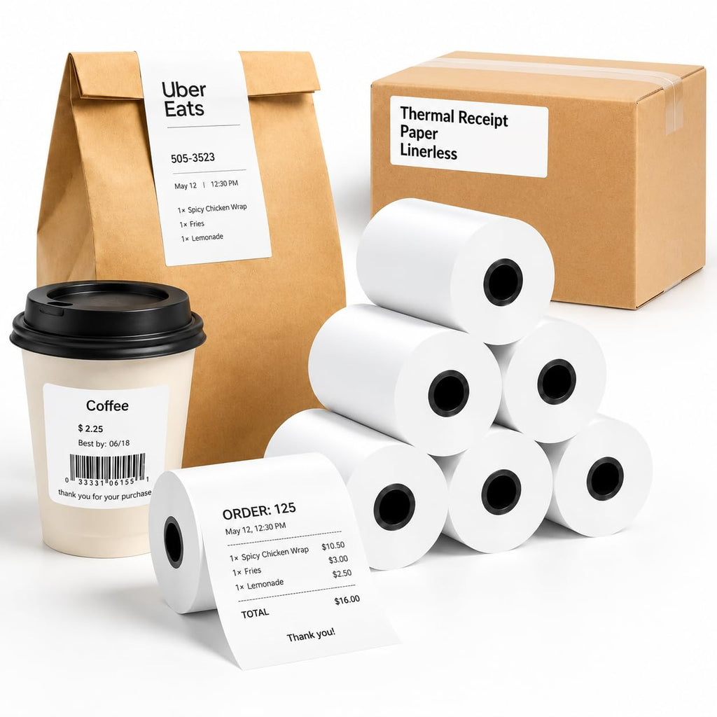 3 1/8" x 170' Sticky Thermal Paper, 6 Rolls, Linerless, BPA Free