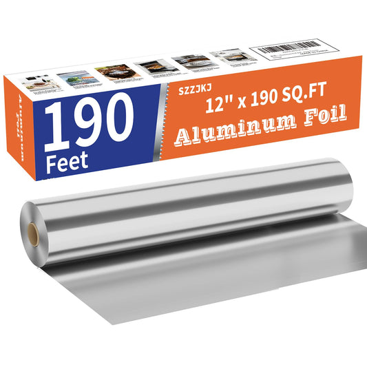 Aluminum Foil Roll, 12in x 190ft Aluminum Foil, Thick Strong Tin Foil with Cutter, Food Safe Cling Wrap for Cooking, Baking, Roasting, Grilling, Freezer Storage