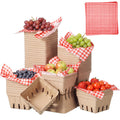 Domensi 50 Pcs Natural Pulp Fiber Berry Basket 100 Pcs Sheets of 10 x 10 Inches Wax Paper, Molded Ventilated Produce Baskets for Strawberry Blueberry Vegetable Farmer Market Grocery Stores Party Red