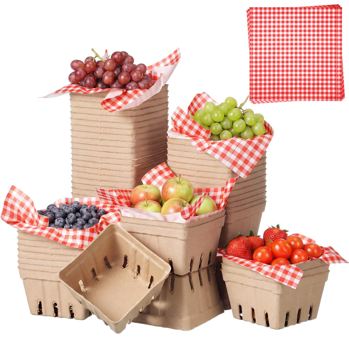 Domensi 50 Pcs Natural Pulp Fiber Berry Basket 100 Pcs Sheets of 10 x 10 Inches Wax Paper, Molded Ventilated Produce Baskets for Strawberry Blueberry Vegetable Farmer Market Grocery Stores Party Red