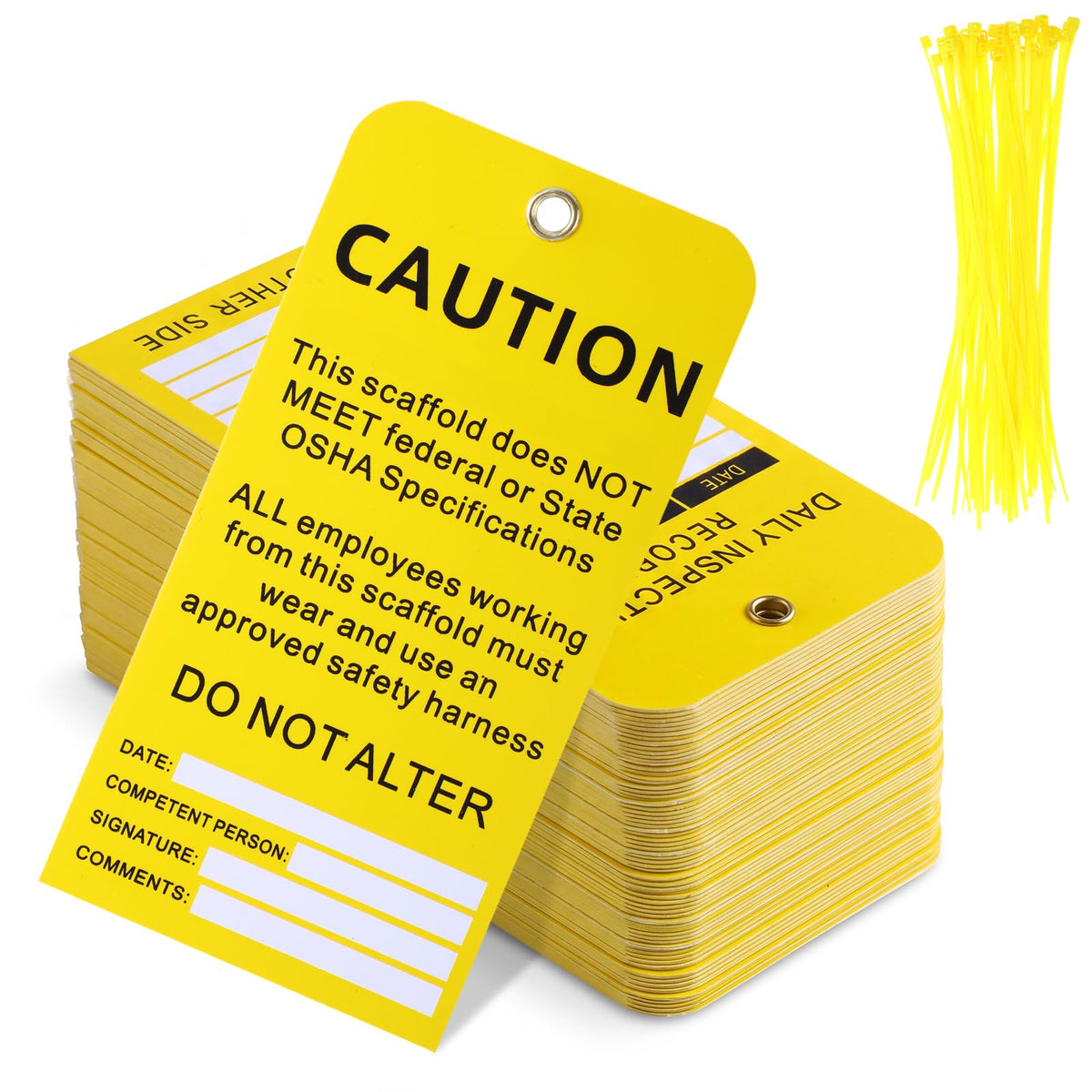 25 Pack Scaffold Status Tags with Cable Ties Yellow Caution Inspection