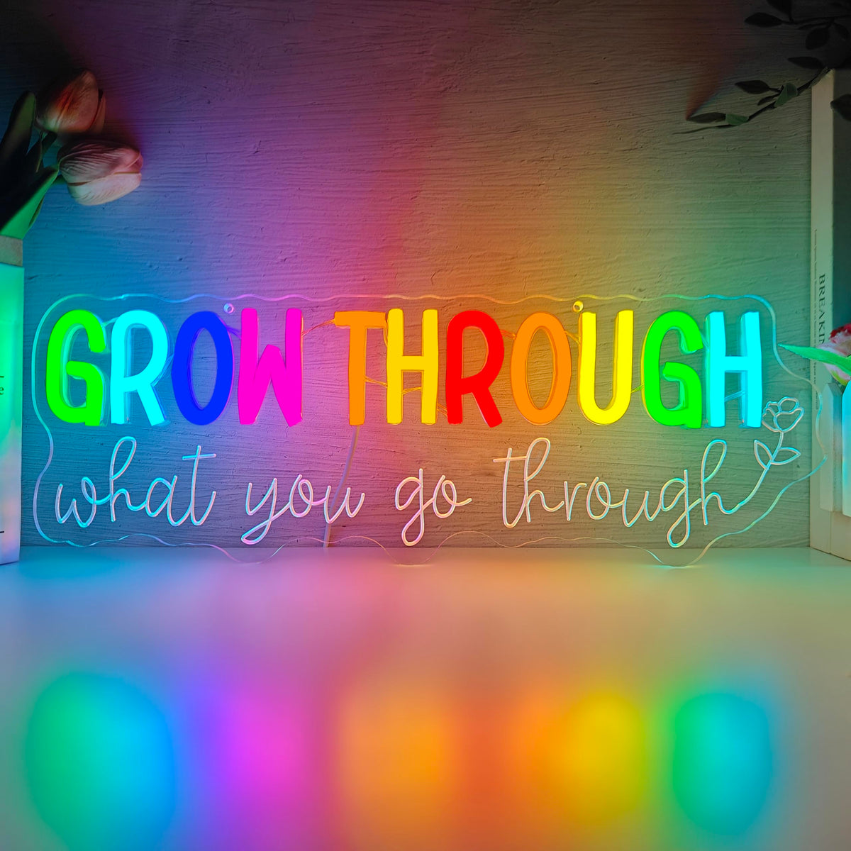 Grow Through What You Go Through Neon Sign Dimmable Motivational Led Wall Art Inspirational Neon Sign for Classroom Mental Health Office Wall Decor for Women GoThrough