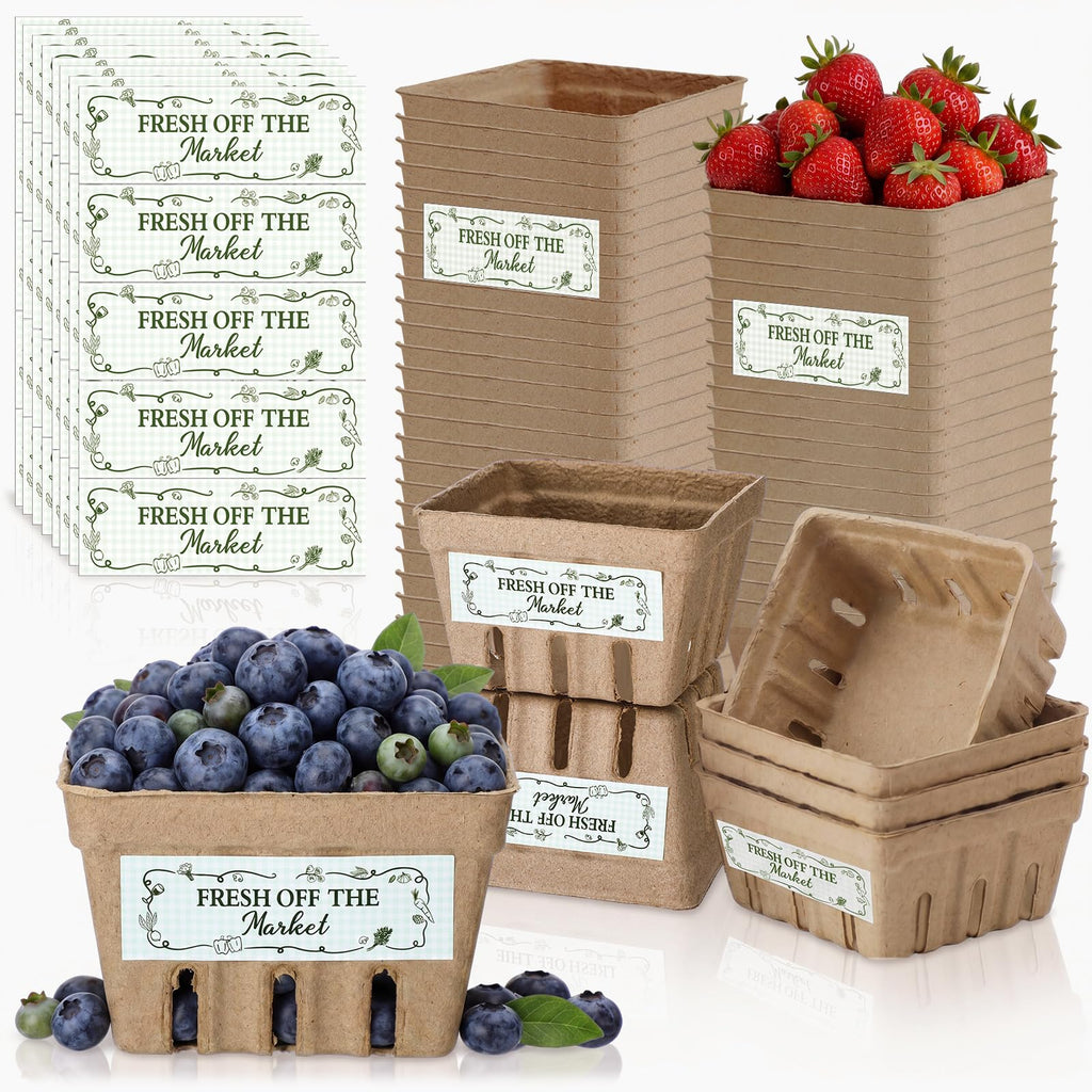 60 Sets Natural Pulp Berry Baskets with Fresh off the the Market Stickers Berry Carton Farmer Market Party Bridal Shower Favor Small Vented Produce Containers for Locally Grown Grocery