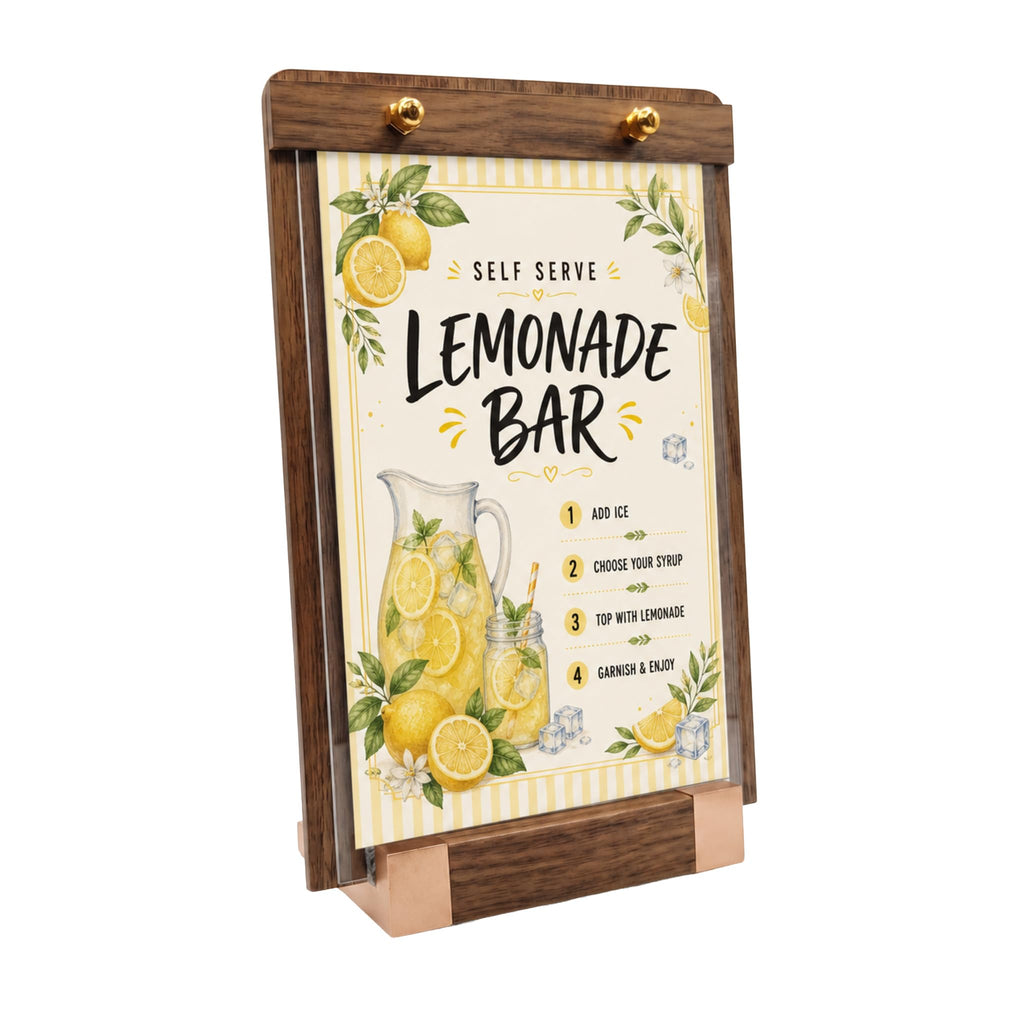 1 Pack Classy Sign Holder 8.5 x 11 with Slanted Wooden Base, Vertical Countertop Menu Display Stand for Coffee Shop, Bakery, Retail, Wedding 8.5x11, 1 Pack