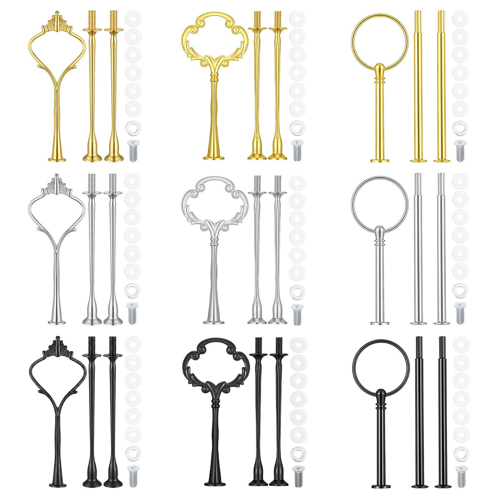 9 Sets 3 Tier Tray Hardware Kit Cake Stand Hardware for DIY Serving Stand, Tiered Plate with Round Crown Sunflower Style in Gold Silver Black, Heavy Metal Fittings for Dessert Cupcake Fruit Tray