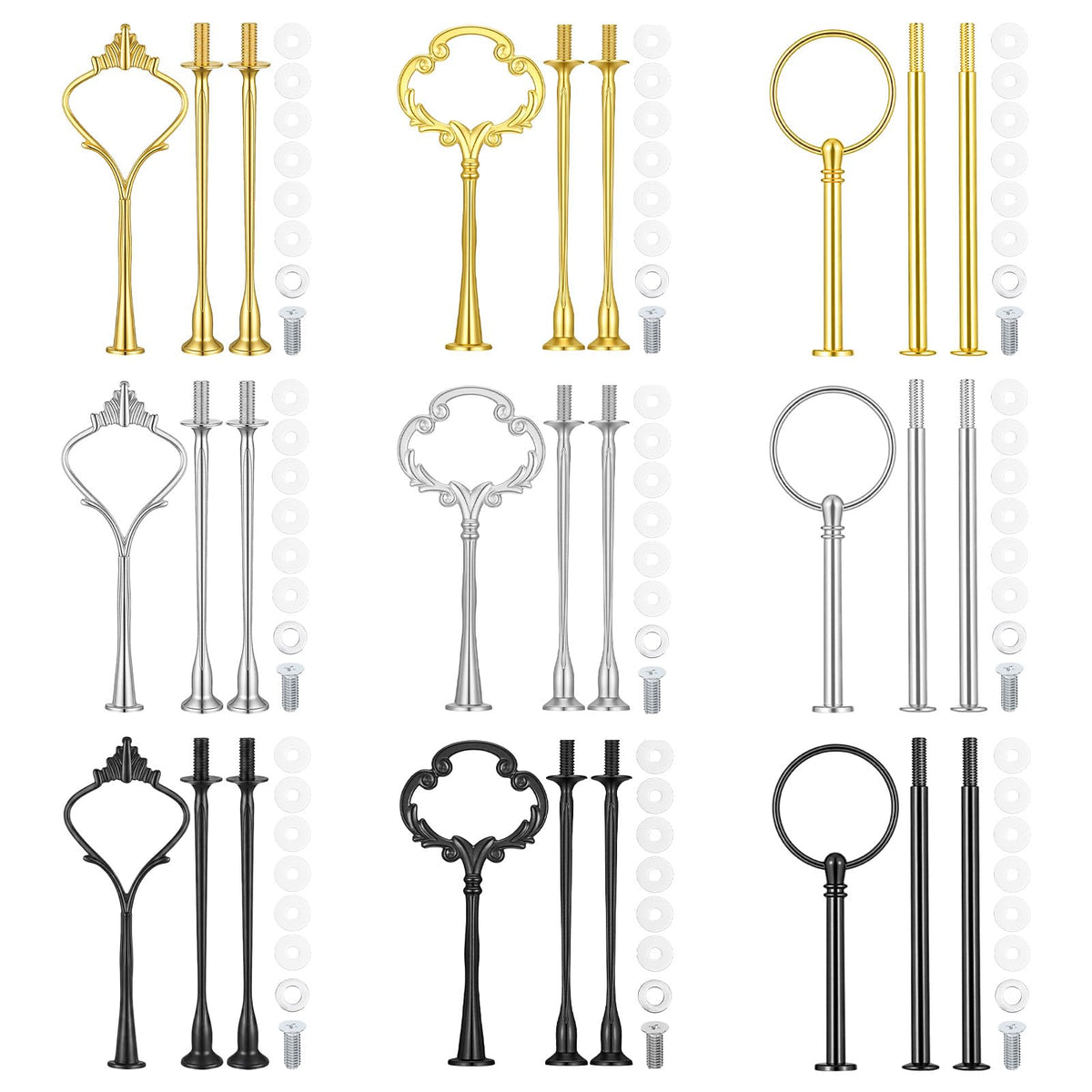 9 Sets 3 Tier Tray Hardware Kit Cake Stand Hardware for DIY Serving Stand, Tiered Plate with Round Crown Sunflower Style in Gold Silver Black, Heavy Metal Fittings for Dessert Cupcake Fruit Tray