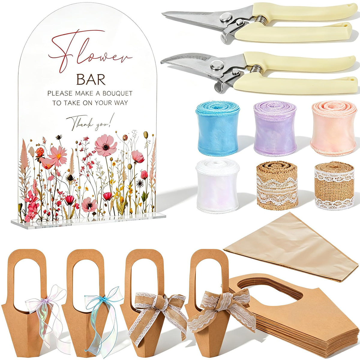 Flower Bar Supplies Set for Floral Bloom Decor Include Acrylic Flower Bar Sign Bouquet Wrapping Gift Bags Chiffon Ribbon and Garden Scissors, Applicable to Wedding Bridal Baby Shower Birthday Party