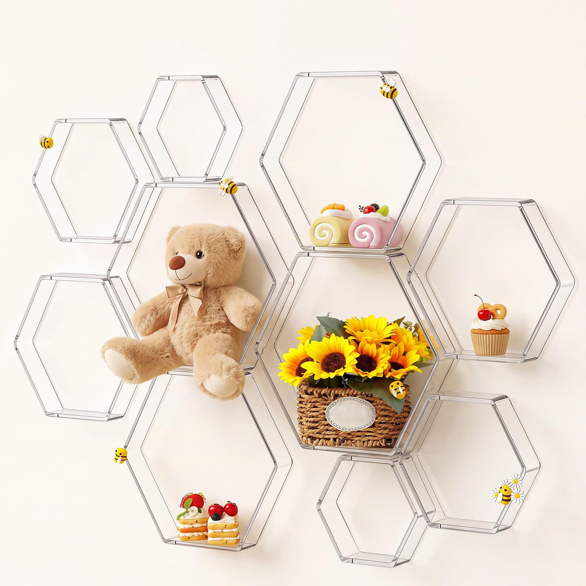 Xuhal 10 Pcs Acrylic Honeycomb Decorations, 5 Sizes Clear Hexagon Stands