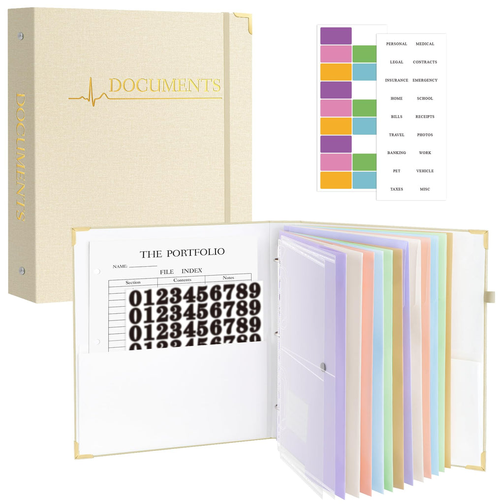 HAUTOCO PU Leather 3-Ring Important Document Organizer Folder Binder Beige