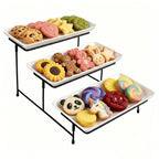 3 Tier Cookie Display Stand, Suitable for Party & Family Gatherings, Tiered Dessert Tray Applicable to Cookies, Desserts, Cupcakes, Fruits, Made of White Color Plastic Trays and Foldable Metal Stand