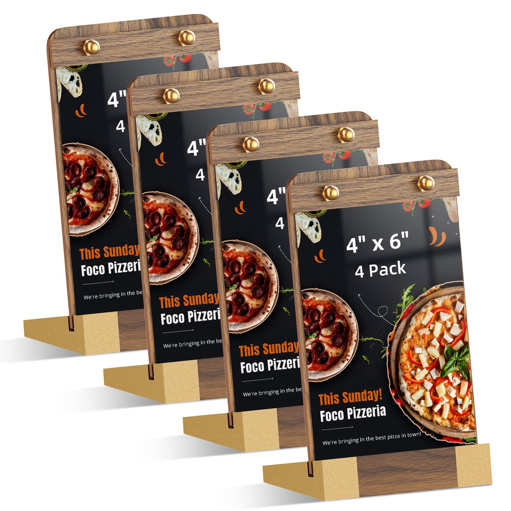 PPH-Sisy 4 Pack Acrylic Sign Holders 4x6 with Wood Base, Tabletop Display Sign Stand for Menu Flyer Poster, Clear Acrylic Paper Frame for Restaurant Coffee Shop Hotel Office Exhibition 4x6-4 Pack