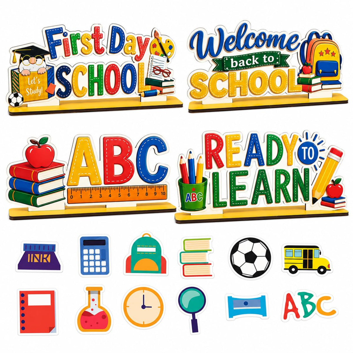 5 Pcs Back to School Decorations, Wooden Table Sign Set, First Day of School Desk Decor for Classroom Teacher Office Homeschool Bus–double-sided