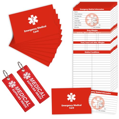 MEDMAX 8 Pack Emergency Medical Cards with 2 Pack Double Sided Medical Supplies Inside Luggage Tag, Red