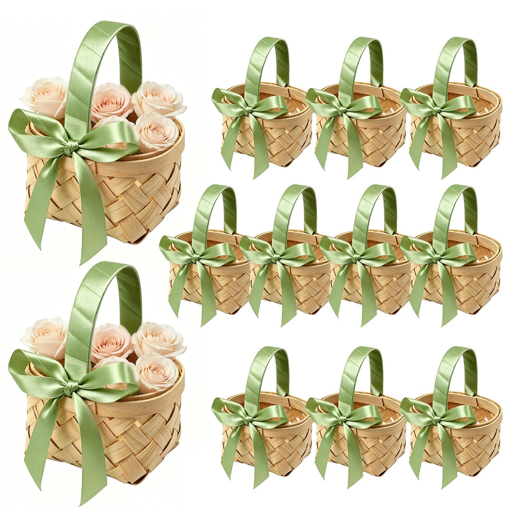 MDEOOSKY 12 Pcs Mini Woven Baskets with Handles, Suitable for Flower Girl Gifts, Ideal for Wedding Favors and Birthday Decorations (Sage Green) Sage Green